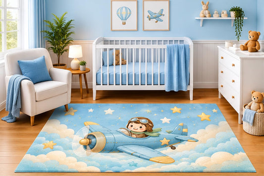 ICE ARMOR 5' x 7' Little Pilot Airplane Area Rug for Nursery Room, Cute Vintage Airplane Clouds and Stars Adventure Design for Baby Boy Bedroom Decor, Non-Slip Silicone Backing Low Pile