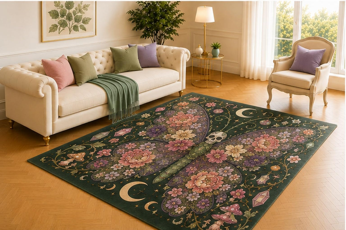 ICE ARMOR 5' x 7' Celestial Moth Garden Rug, Deep Green Floral Insect Design with Skull, Crystals and Moons, Mystical Floor Decor for Bedroom, Office or Lounge
