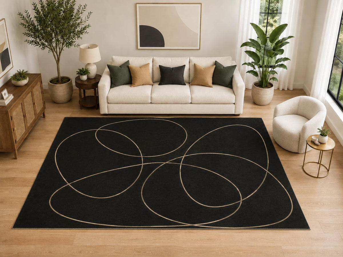 ICE ARMOR Large 6'7" x 9'10" Abstract Overlapping Loop Area Rug for for Bedroom, Living Room, Soft Low Pile Indoor Rug with Non-Slip Silicone Backing, Black Tan