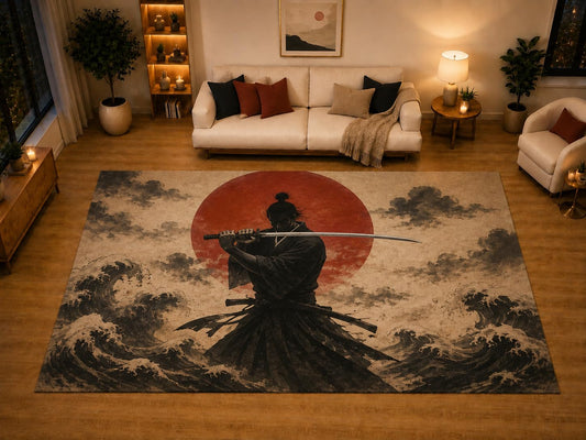 ICE ARMOR "Ultra Light Weight Large 6'7" x 9'10" Red Sun Katana Fighter Area Rug for Living Room Bedroom Dining Area, Soft Low Pile Non-Slip Backing, Beige Black Red Martial Decor