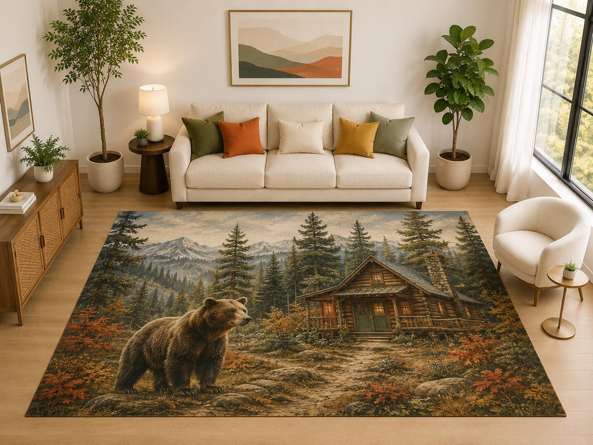 ICE ARMOR "Ultra Light Weight Large 6'7" x 9'10" Bear Cabin Forest Rug for Living Room, Soft Low Pile Indoor Rug and Non-Slip Silicone Backing, Brown