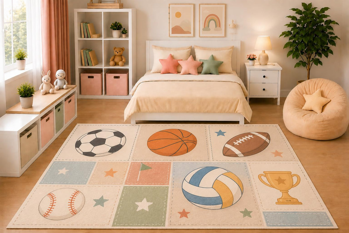 ICE ARMOR 5' x 7' Kids Area Rug Patchwork Sports Equipment Rug Soccer Basketball Football Baseball Volleyball Bedroom Playroom Decor Non-Slip Silicone Backing Low Pile