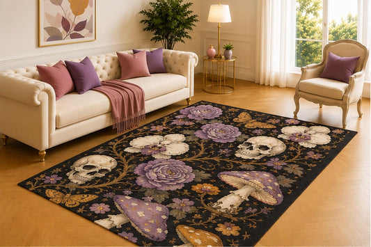 ICE ARMOR 5' x 7' Gothic Skull Mushroom Rug, Dark Floral Design with Purple Roses, Moths and Forest Fungi, Dramatic Floor Decor for Bedroom, Den or Halloween Space