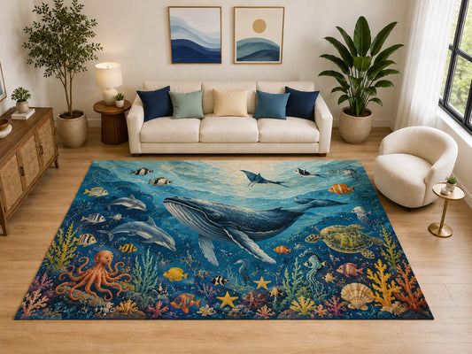 ICE ARMOR "Ultra Light Weight Large 6'7" x 9'10" Whale Dolphin Reef Rug for Living Room, Soft Low Pile Indoor Rug and Non-Slip Silicone Backing, Blue