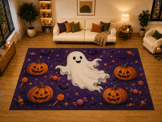 ICE ARMOR "Ultra Light Weight Large 6'7" x 9'10" Cute Ghost Pumpkin Area Rug for Living Room Bedroom, Soft Low Pile Non-Slip Backing, Purple Orange Halloween Party Decor