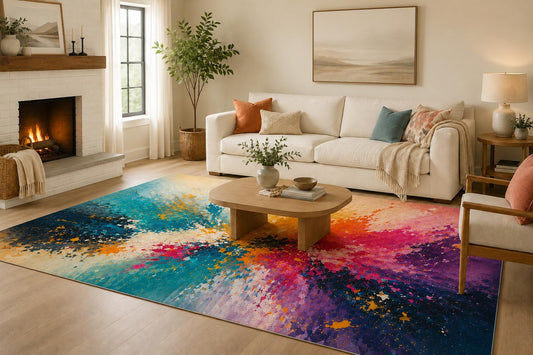 ICE ARMOR 6'7" x 9'10" Teal, Purple and Orange Vivid Color Splash Area Rug for Living Room, Soft Low Pile with Non-Slip Backing, Bedroom, Dining Area and Office Decor