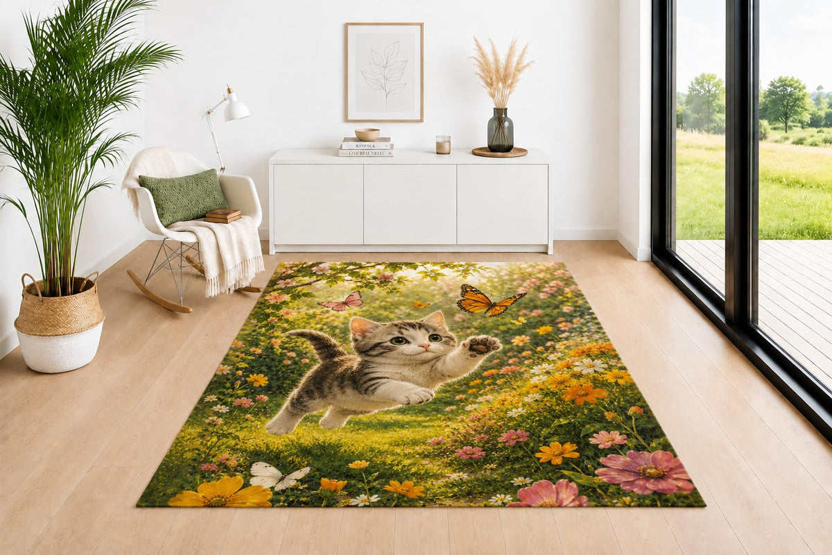 ICE ARMOR 5' x 7' Cute Kitten Butterfly Area Rug, Soft Low Pile Non-Slip Indoor Carpet with Floral Cat Design for Living Room, Bedroom, Office, Dining Room