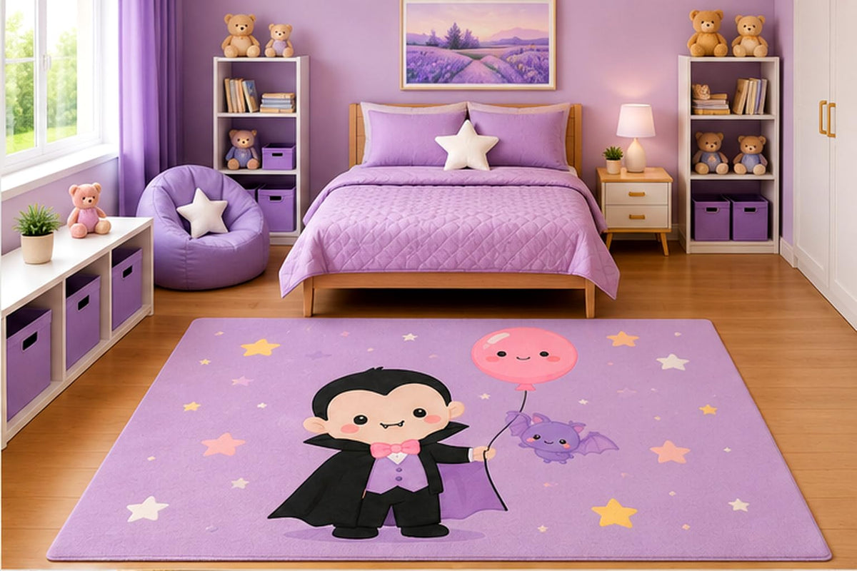ICE ARMOR 5' x 7' Cute Baby Vampire with Balloon and Bat Area Rug for Kids Bedroom Nursery Playroom Scandinavian Minimalist Kawaii Halloween Decor Non-Slip Silicone Backing Low Pile