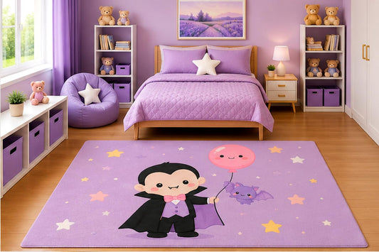 ICE ARMOR 5' x 7' Cute Baby Vampire with Balloon and Bat Area Rug for Kids Bedroom Nursery Playroom Scandinavian Minimalist Kawaii Halloween Decor Non-Slip Silicone Backing Low Pile