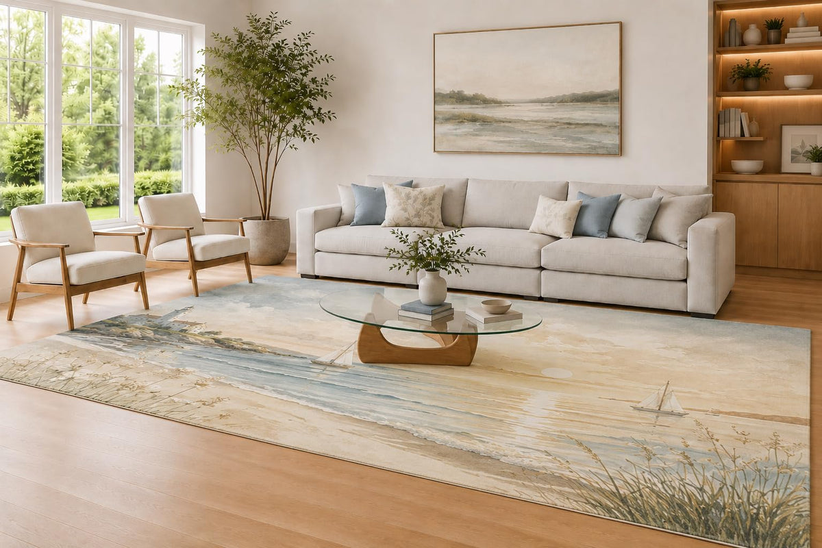 ICE ARMOR Large 6'7" x 9'10" Beige and Blue Sailboat Bay Area Rug for Living Room, Soft Low Pile Carpet with Non-Slip Silicone Backing, Decor for Bedroom and Home Office