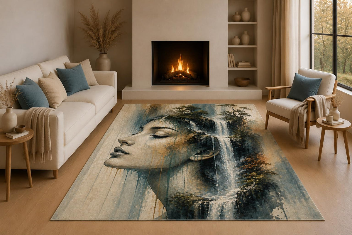ICE ARMOR 5' x 7' Abstract Waterfall Woman Portrait Area Rug with Non-Slip Silicone Backing Low Pile Soft Carpet for Living Room Bedroom Office Modern Art Decor