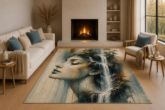 ICE ARMOR 5' x 7' Abstract Waterfall Woman Portrait Area Rug with Non-Slip Silicone Backing Low Pile Soft Carpet for Living Room Bedroom Office Modern Art Decor