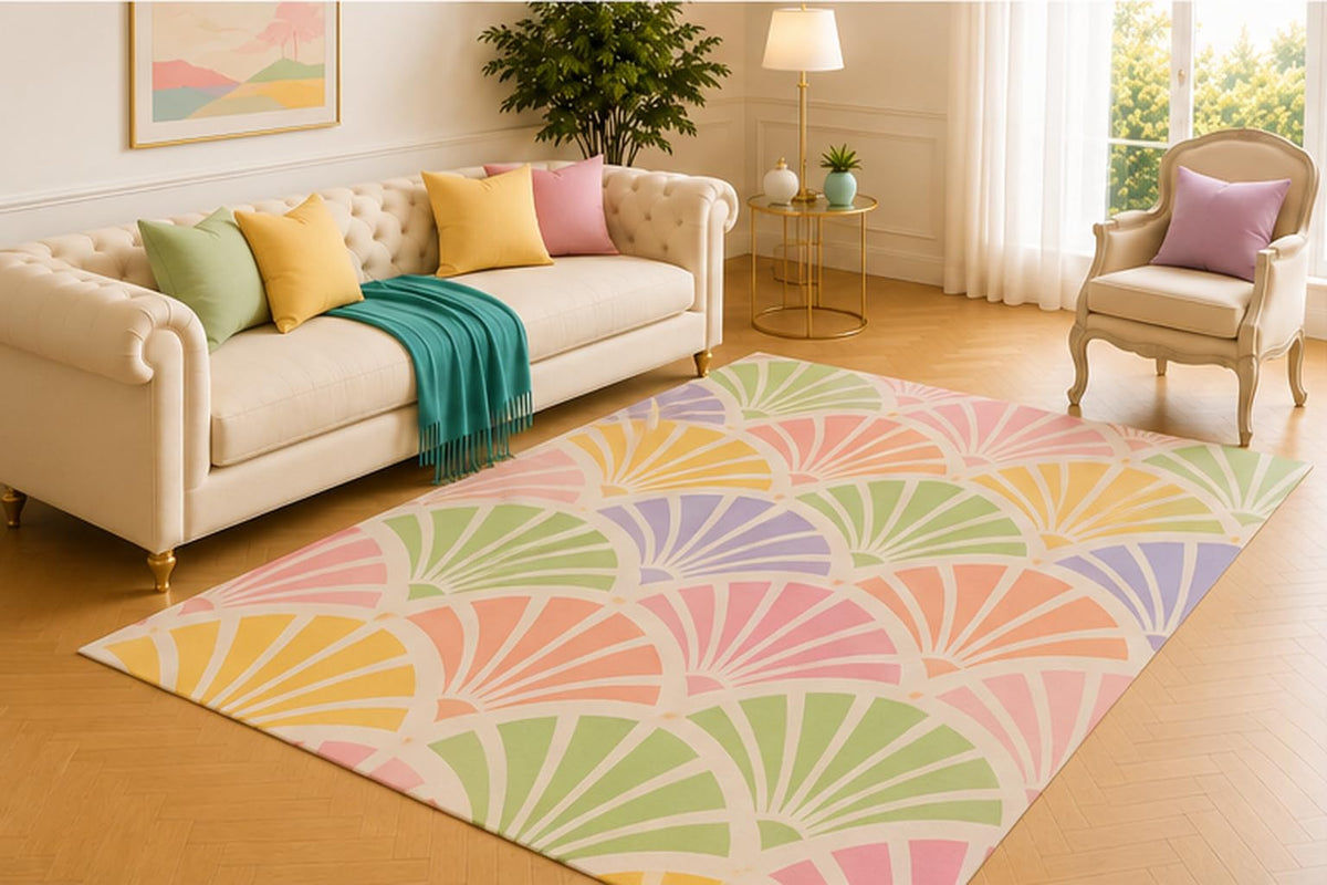 ICE ARMOR 5' x 7' Art Deco Fan Area Rug, Modern Scallop Geometric Pattern in Pink Sage Green Lavender Yellow and Cream, Soft Low Pile Carpet for Living Room Bedroom Office Decor