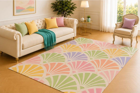ICE ARMOR 5' x 7' Art Deco Fan Area Rug, Modern Scallop Geometric Pattern in Pink Sage Green Lavender Yellow and Cream, Soft Low Pile Carpet for Living Room Bedroom Office Decor