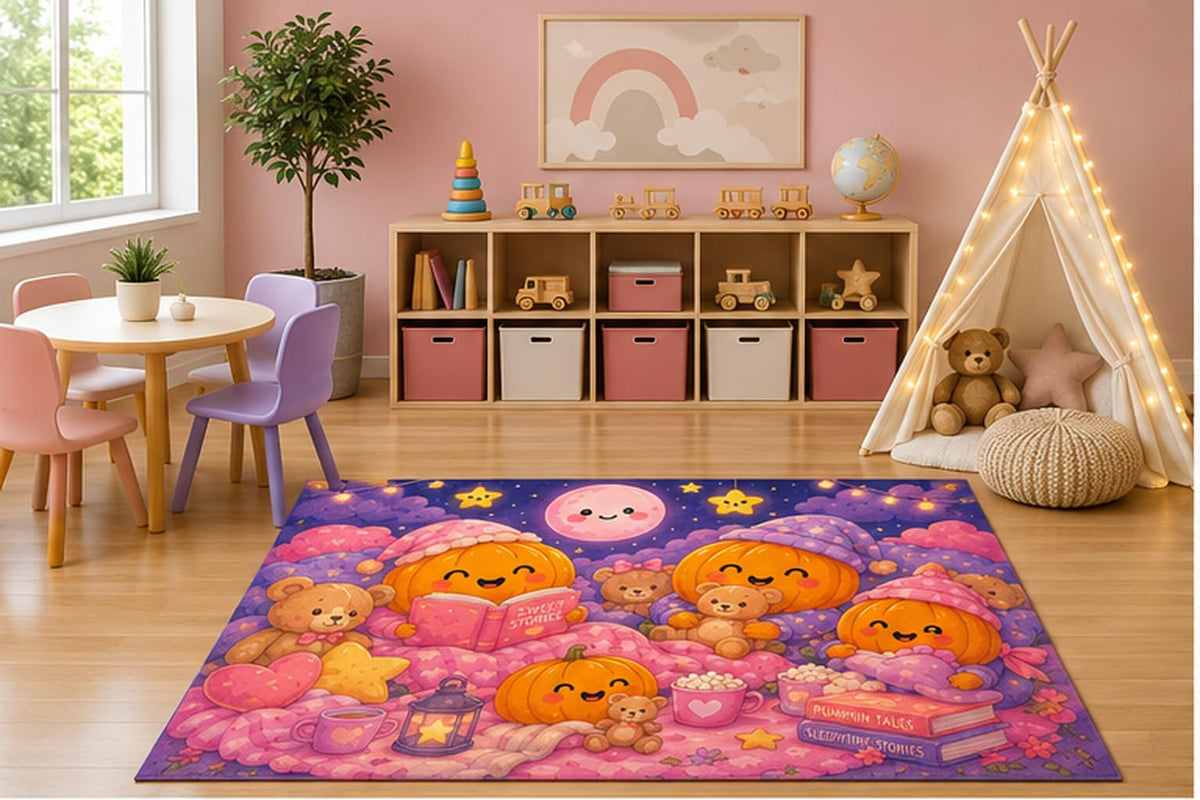 ICE ARMOR 5' x 7' Pumpkin Pajama Party Kids Area Rug, Cute Sleeping Pumpkins Teddy Bears Storybook Kawaii Cartoon Playroom Nursery Bedroom Decor, Non-Slip Silicone Backing Low Pile
