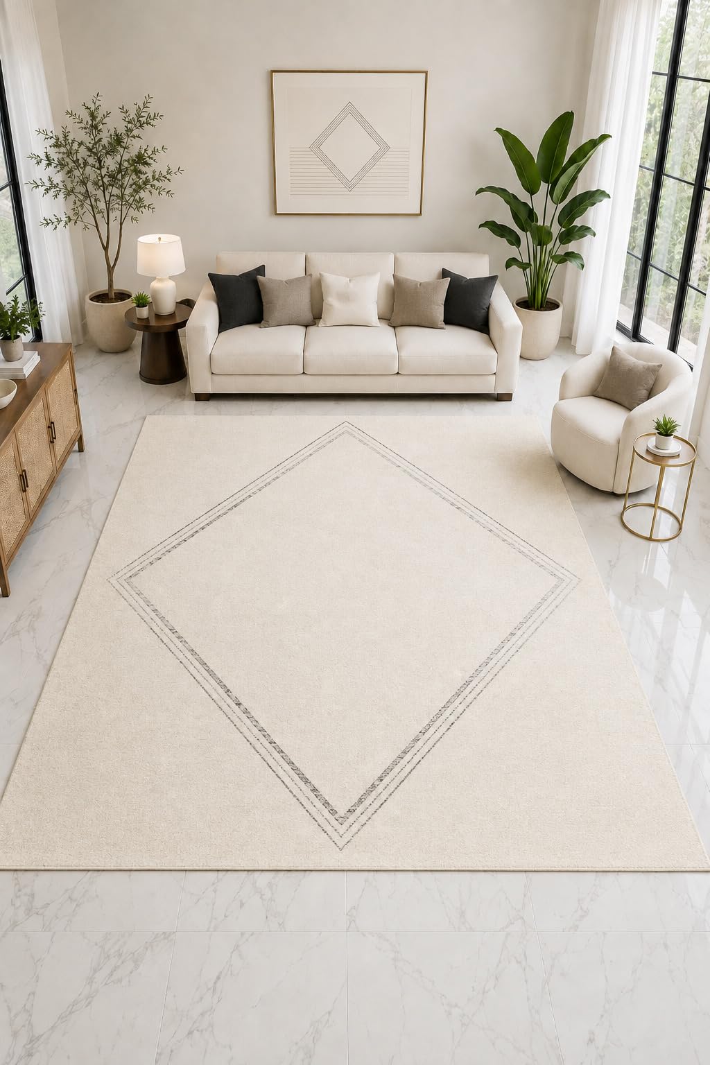 ICE ARMOR "Ultra Light Weight Large 6'7" x 9'10" Diamond Outline Minimal Rug, Soft Low Pile Indoor Rug, Non-Slip Silicone Backing Living Room Cream