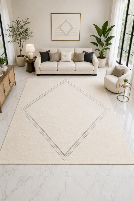 ICE ARMOR "Ultra Light Weight Large 6'7" x 9'10" Diamond Outline Minimal Rug, Soft Low Pile Indoor Rug, Non-Slip Silicone Backing Living Room Cream