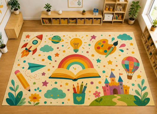 ICE ARMOR Large 6'7" x 9'10" Rainbow Storybook Area Rug, Soft Low Pile Indoor Rug with Non-Slip Silicone Backing for Kids Room and Playroom, Ivory