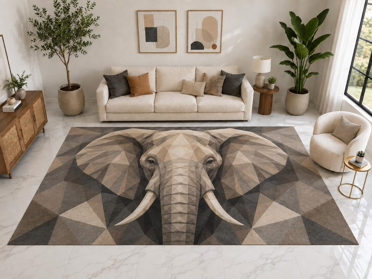 ICE ARMOR "Ultra Light Weight Large 6'7" x 9'10" Geometric Elephant Rug, Soft Low Pile Indoor Rug, Non-Slip Silicone Backing for Kids Room Gray Beige