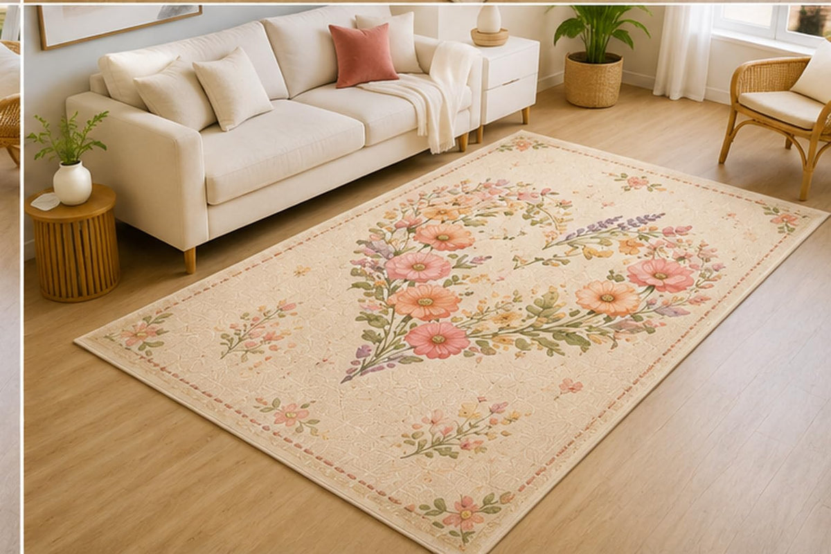 ICE ARMOR 5' x 7' Elegant Floral Monogram Area Rug for Living Room, Soft Low Pile Indoor Rug with Non-Slip Silicone Backing, Decorative Carpet for Bedroom, Dining Room, Office, Cream Beige