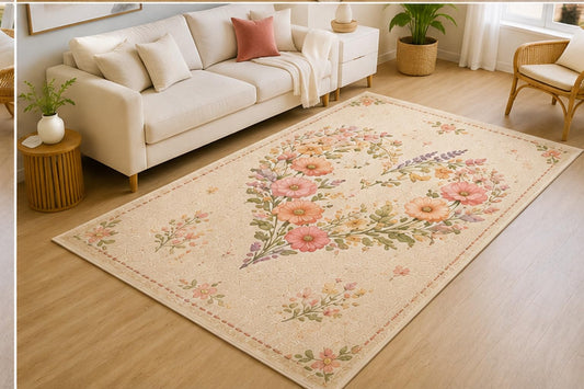 ICE ARMOR 5' x 7' Elegant Floral Monogram Area Rug for Living Room, Soft Low Pile Indoor Rug with Non-Slip Silicone Backing, Decorative Carpet for Bedroom, Dining Room, Office, Cream Beige