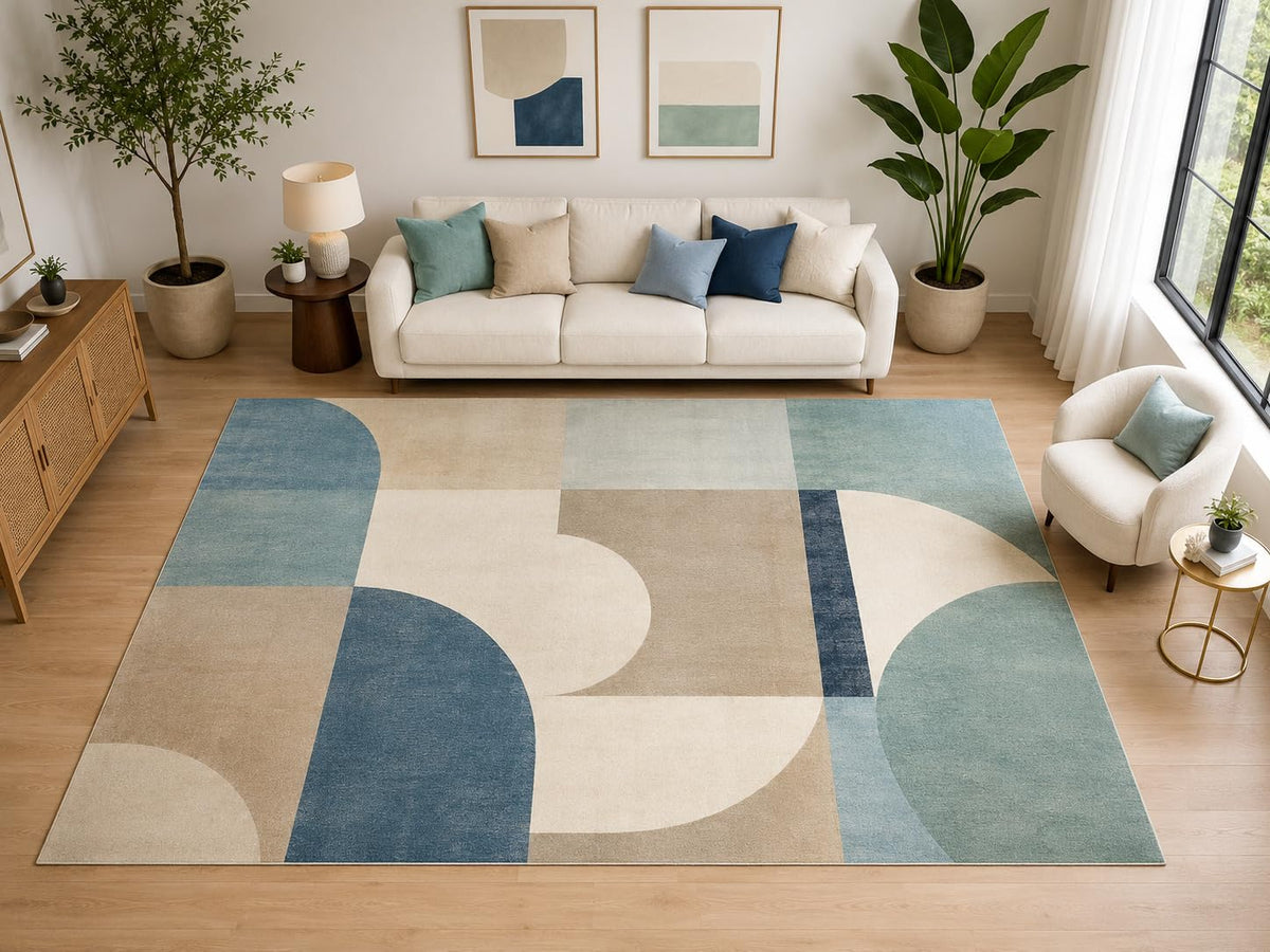 ICE ARMOR "Ultra Light Weight Large 6'7" x 9'10" Geometric Arch Area Rug, Soft Low Pile Indoor Rug and Non-Slip Silicone Backing for Living Room Bedroom, Blue Beige