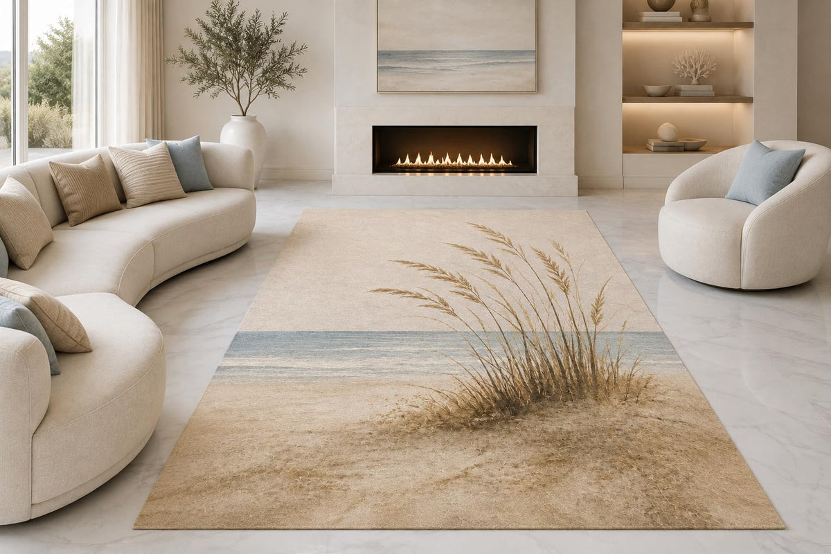 ICE ARMOR "Ultra Lightweight Large 6'7" x 9'10" Coastal Grass Dunes Area Rug for Living Room, Bedroom and Home Office, Soft Low Pile Carpet with Non-Slip Silicone Backing, Beige and Blue