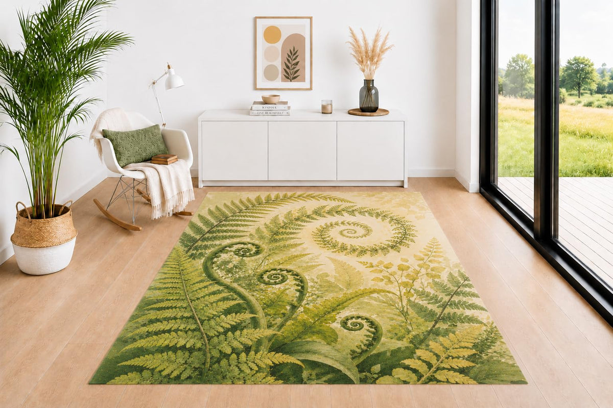 ICE ARMOR 5' x 7' Fern Botanical Area Rug for Living Room, Soft Low Pile Indoor Rug with Non-Slip Backing, Woodland Carpet for Bedroom, Dining Room, Office, Green Beige