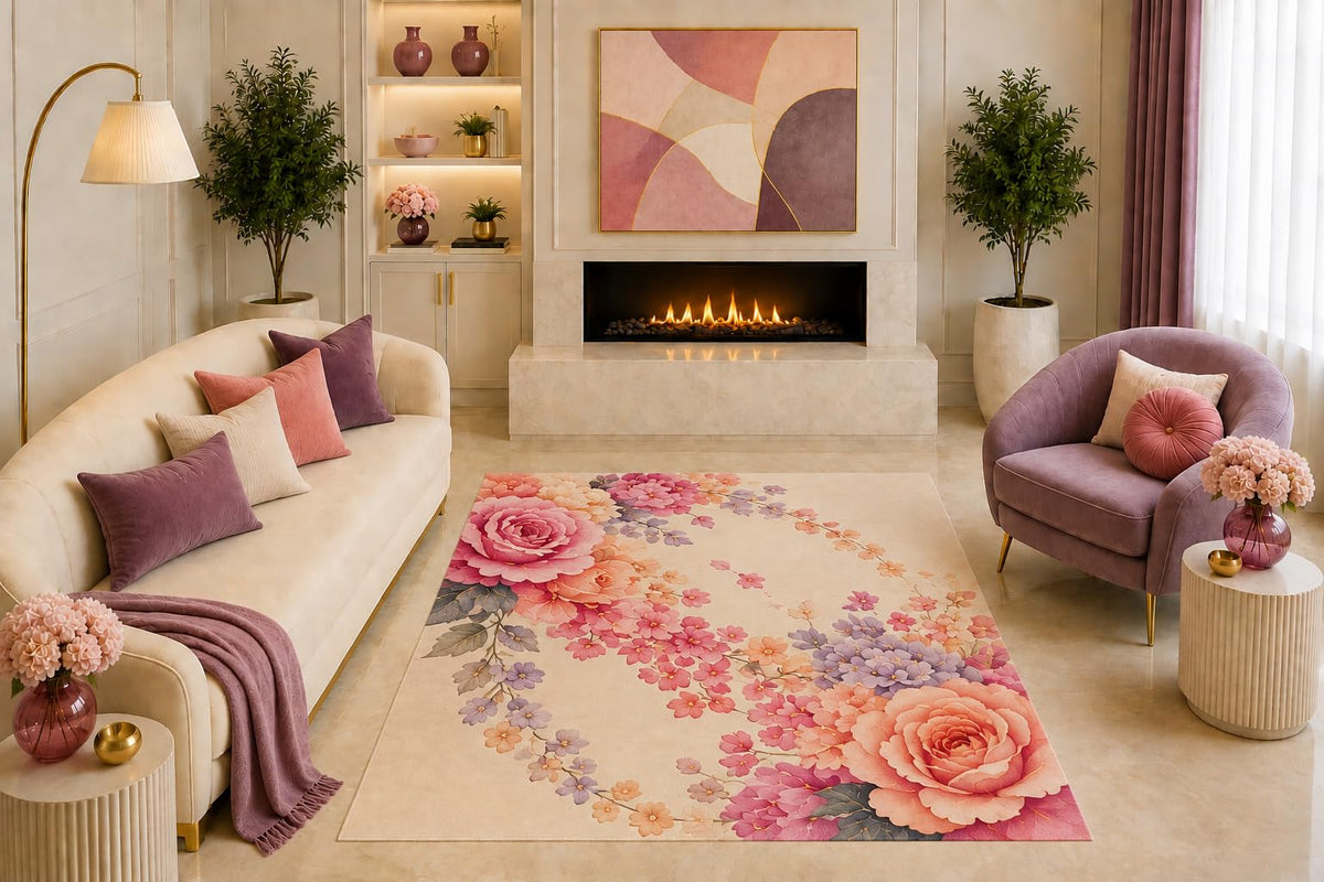 ICE ARMOR "Ultra Light Weight 5' x 7' Rose Floral Area Rug Romantic Botanical Garden Art Pink Peach Lavender Cream for Living Room Bedroom Girls Room Nursery Non-Slip Silicone Backing Low Pile