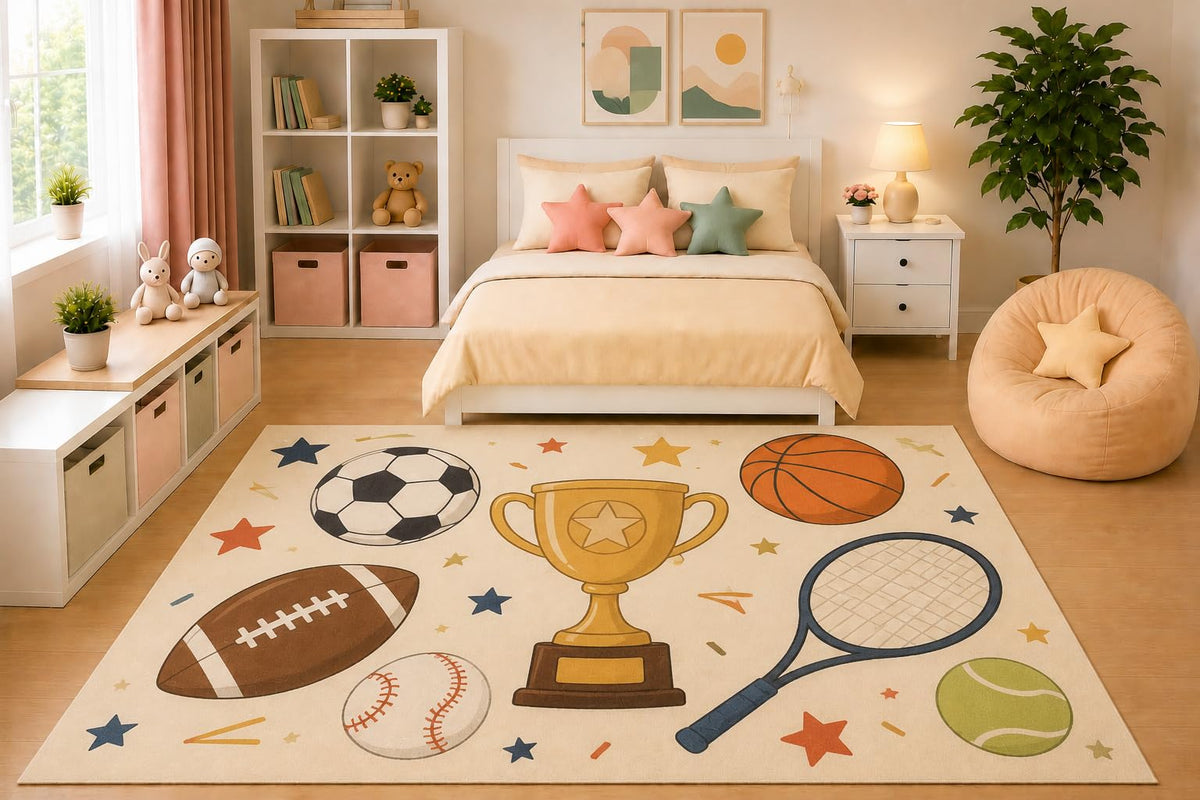 ICE ARMOR 5' x 7' Kids Area Rug Sports Trophy Equipment Rug Soccer Basketball Baseball Tennis Football Bedroom Playroom Decor Non-Slip Silicone Backing Low Pile