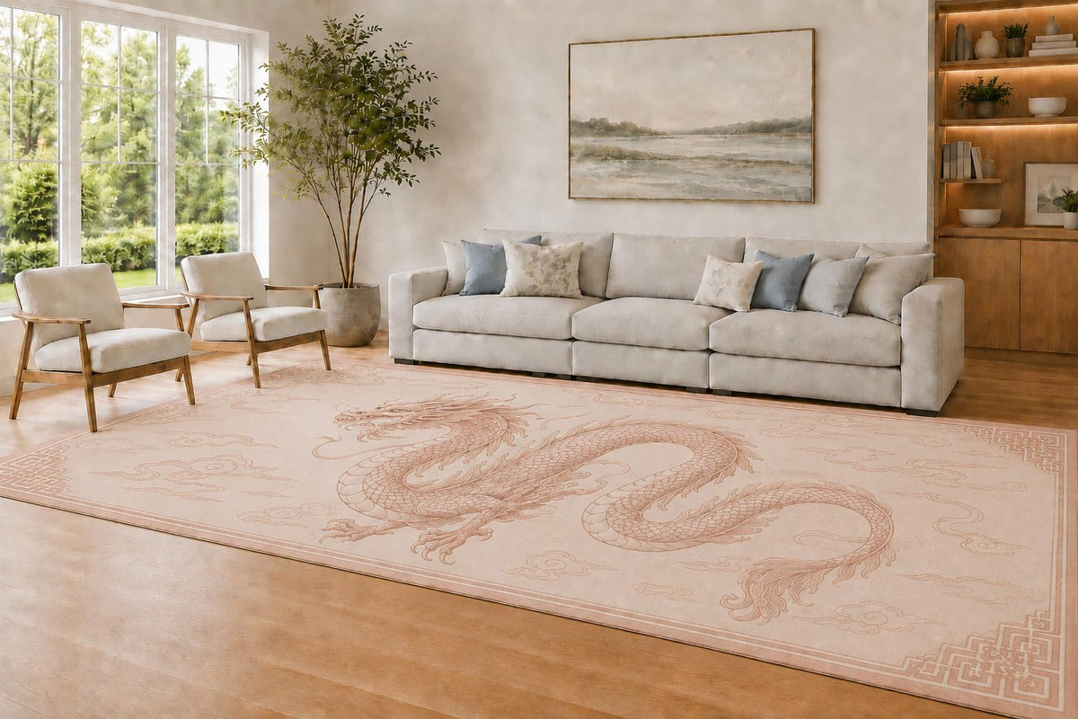 ICE ARMOR Large 6'7" x 9'10" Blush and Cream Dragon Cloud Accent Area Rug for Living Room, Soft Low Pile Carpet with Non-Slip Silicone Backing, Decor for Bedroom and Home Office
