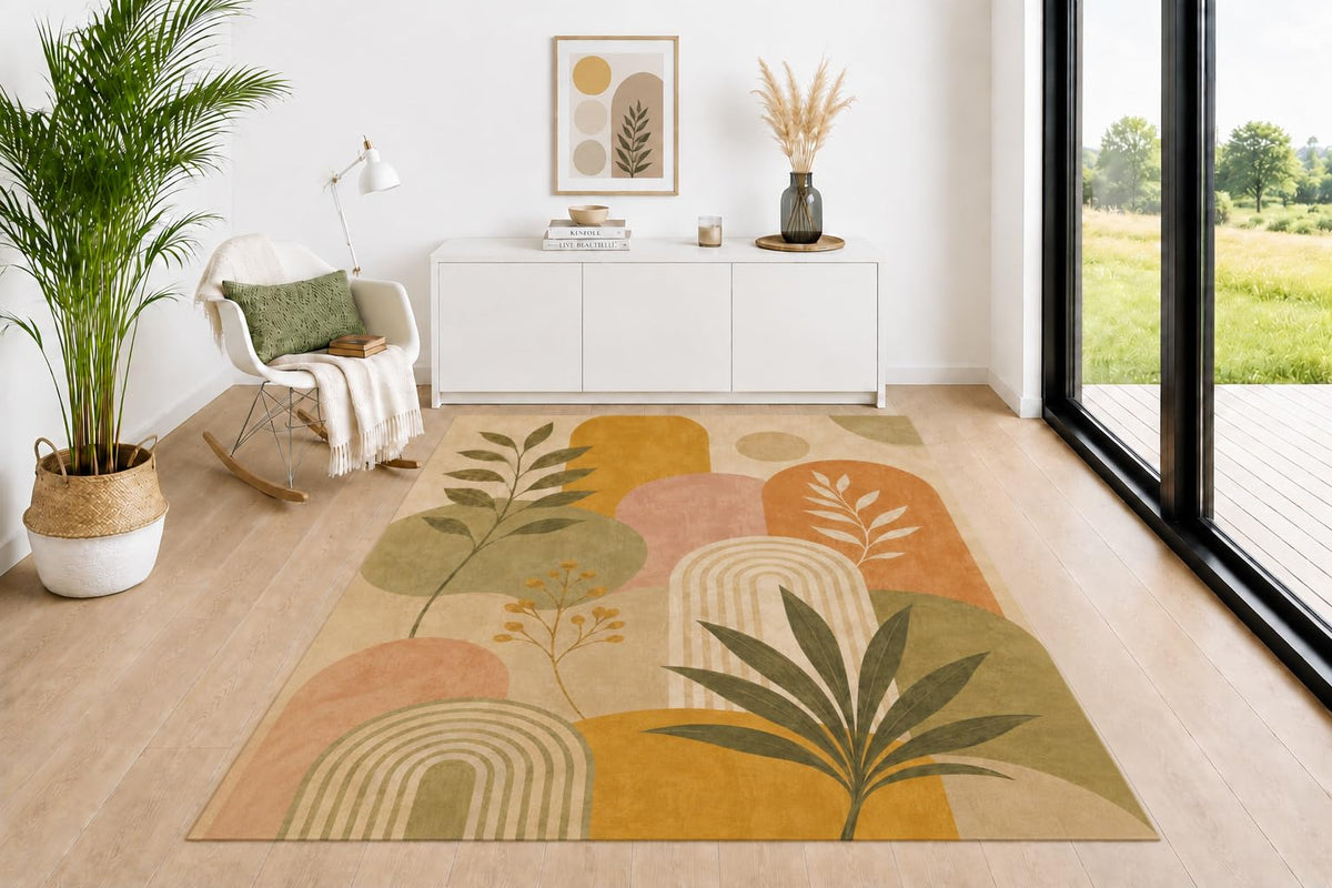 ICE ARMOR 5' x 7' Celestial Area Rug, Moon Stars Sun Pattern in Sage Green Mustard Terracotta Beige, Neutral Floor Carpet for Living Room Bedroom Office Decor