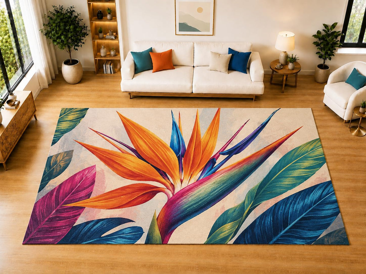 ICE ARMOR "Ultra Light Weight Large 6'7" x 9'10" Bird of Paradise Area Rug for Living Room Bedroom Dining Room, Soft Low Pile Non-Slip Backing, Orange Teal Blue Pink Tropical Floral Decor