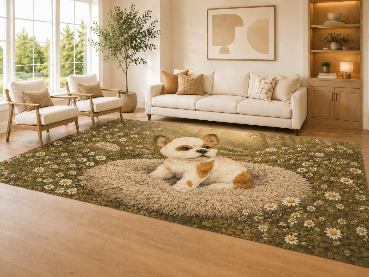 ICE ARMOR Large 6'7" x 9'10" Brown and Cream French Bulldog Area Rug for Living Room, Soft Low Pile Carpet with Non-Slip Silicone Backing, Decor for Bedroom Dining Room and Home Office