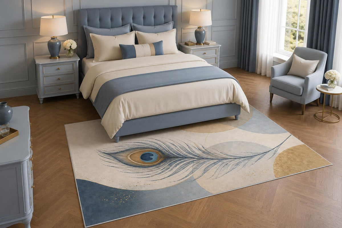ICE ARMOR 5' x 7' Blue Peacock Feather Area Rug, Modern Abstract Bird Feather Living Room Bedroom Decor, Non-Slip Silicone Backing Low Pile Carpet