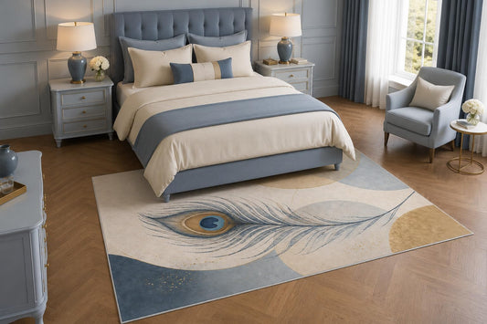 ICE ARMOR 5' x 7' Blue Peacock Feather Area Rug, Modern Abstract Bird Feather Living Room Bedroom Decor, Non-Slip Silicone Backing Low Pile Carpet