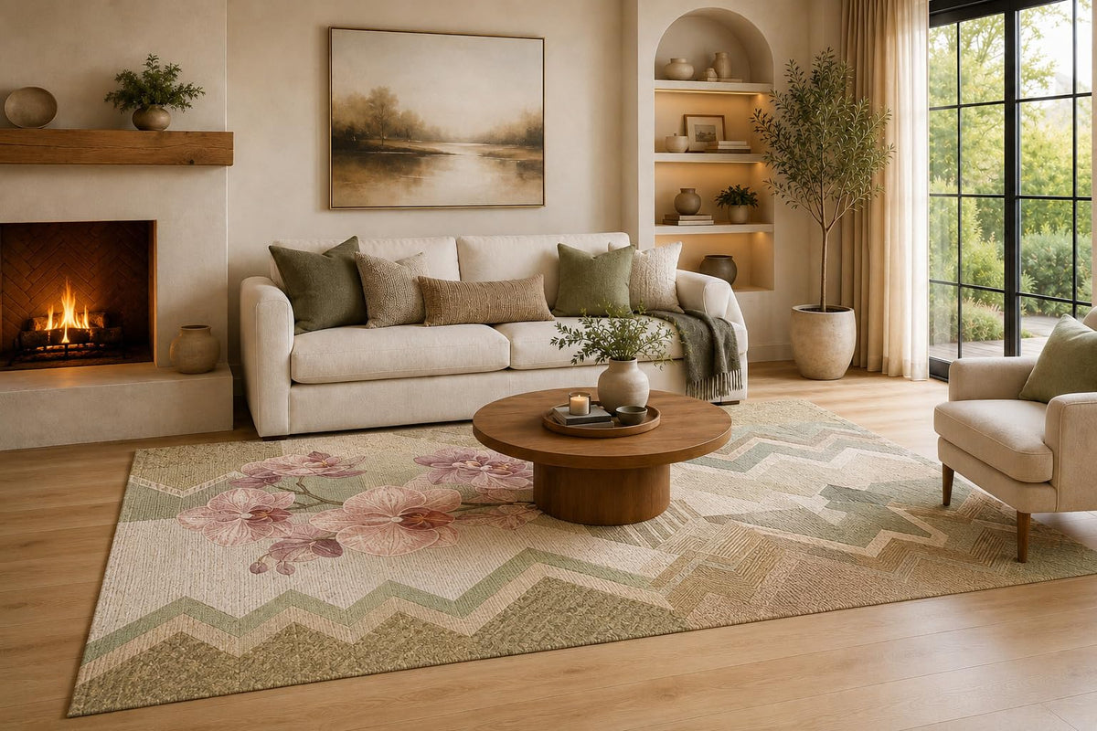 ICE ARMOR Large 6'7" x 9'10" Sage Green, Beige and Cream Wheat Panels Area Rug for Living Room, Soft Low Pile Carpet with Non-Slip Silicone Backing, Decor for Bedroom, Dining Area and Home Office