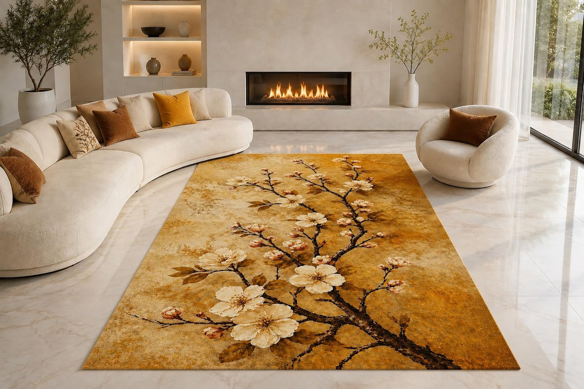 ICE ARMOR "Ultra Lightweight Large 6'7" x 9'10" Magnolia Branch Sepia Area Rug for Living Room, Bedroom and Home Office, Soft Low Pile Carpet with Non-Slip Silicone Backing, Beige and Brown