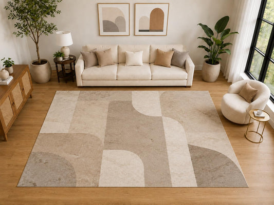 ICE ARMOR "Ultra Light Weight Large 6'7" x 9'10" Modern Geometric Arch Area Rug, Soft Low Pile Indoor Rug and Non-Slip Silicone Backing for Living Room Office, Beige