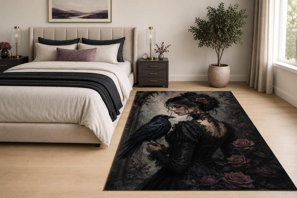 ICE ARMOR "Ultra Light Weight 5' x 7' Gothic Raven Lady Area Rug for Living Room, Bedroom and Home Office, Soft Low Pile Carpet with Non-Slip Silicone Backing, Black and Purple