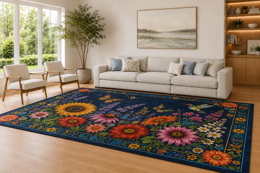 ICE ARMOR Large 6'7" x 9'10" Navy and Multi Color Garden Bloom Accent Area Rug for Living Room, Soft Low Pile Carpet with Non-Slip Silicone Backing, Decor for Bedroom and Home Office