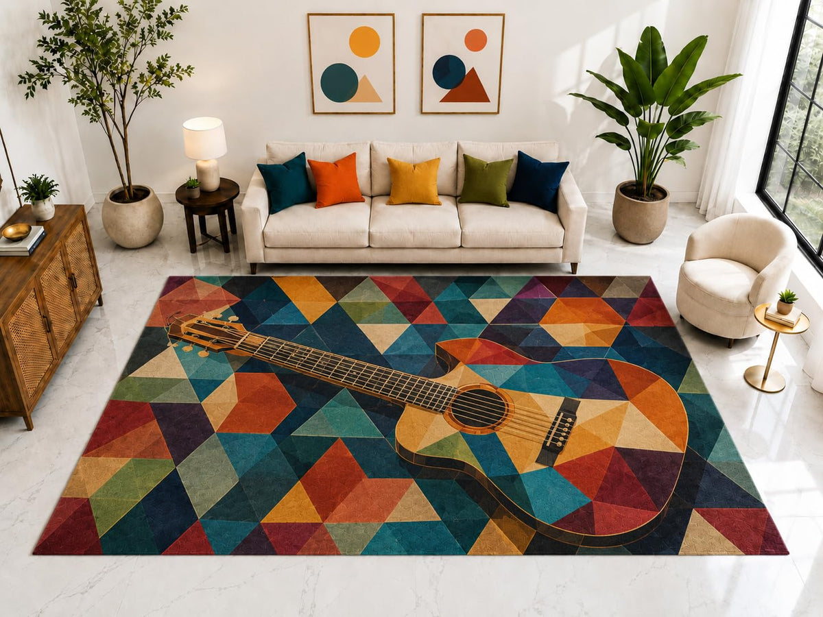ICE ARMOR "Ultra Light Weight Large 6'7" x 9'10" Guitar Geometric Rug, Soft Low Pile Indoor Rug, Non-Slip Silicone Backing for Living Room Teal