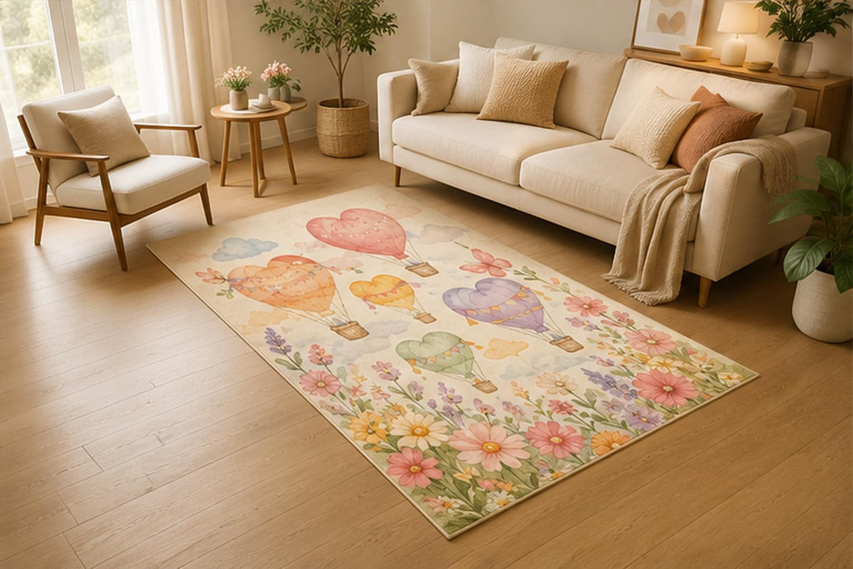 ICE ARMOR 5' x 7' Heart Hot Air Balloon Wildflower Area Rug, Soft Low Pile Indoor Rug with Non-Slip Silicone Backing for Nursery, Kids Room, Playroom, Bedroom, Living Room, Kids & Pets, Pink Purple