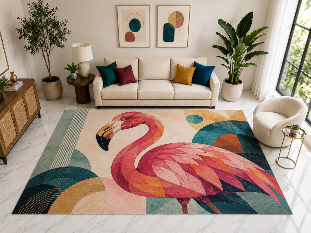ICE ARMOR "Ultra Light Weight Large 6'7" x 9'10" Flamingo Geometric Rug, Soft Low Pile Indoor Rug, Non-Slip Silicone Backing for Living Room Pink