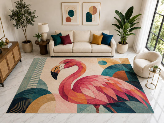 ICE ARMOR "Ultra Light Weight Large 6'7" x 9'10" Flamingo Geometric Rug, Soft Low Pile Indoor Rug, Non-Slip Silicone Backing for Living Room Pink