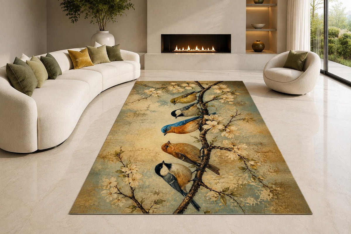 ICE ARMOR "Ultra Lightweight Large 6'7" x 9'10" Blossom Songbirds Area Rug for Living Room, Bedroom and Home Office, Soft Low Pile Carpet with Non-Slip Silicone Backing, Beige and Blue