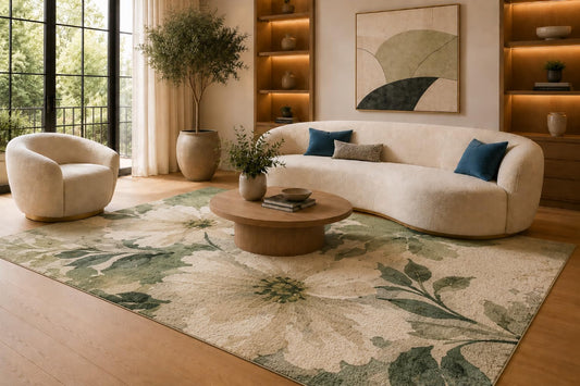 ICE ARMOR 6'7" x 9'10" Green and Cream Oversized Flower Area Rug for Living Room, Soft Low Pile Carpet with Non-Slip Silicone Backing, Floor Decor for Bedroom, Dining Area and Home Office