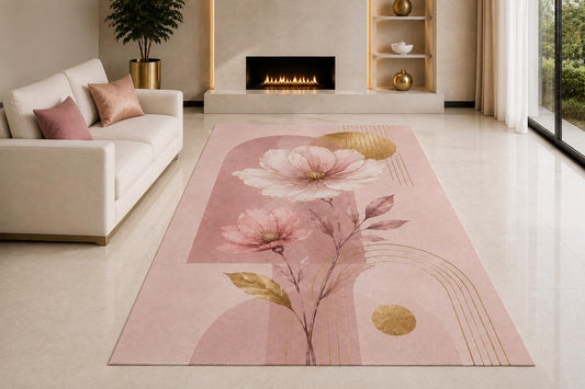 ICE ARMOR "Ultra Light Weight 5' x 7' Magnolia Arch Lines Area Rug for Living Room, Bedroom and Home Office, Soft Low Pile Carpet with Non-Slip Silicone Backing, Pink and Beige