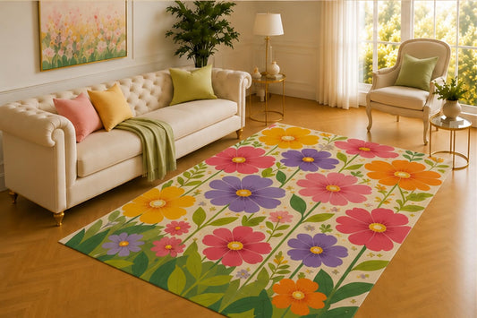ICE ARMOR 5' x 7' Colorful Cosmos Rug, Large Pink, Orange and Purple Blooms with Fresh Green Leaves, Joyful Accent for Bedroom, Studio, Sunroom or Guest Room