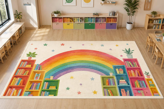ICE ARMOR Large 6'7" x 9'10" Rainbow Bookshelf Kids Area Rug, Soft Low Pile Indoor Rug with Non-Slip Silicone Backing for Playroom, Nursery, Ivory